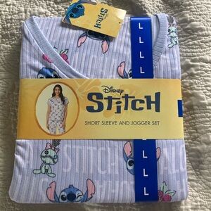New Disney Stitch Women Blue Short Sleeve Top and Jogger Set